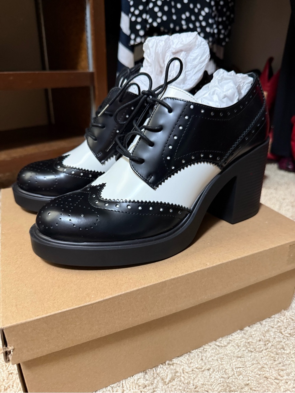 Steve Madden Black and White Brogue Platform Lace-Up Heels